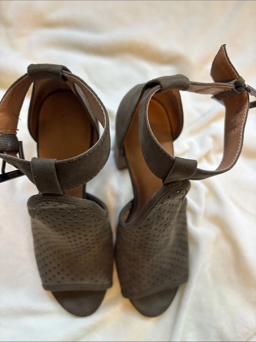 Women's Olive Suede Peep-Toe Ankle Strap Heels